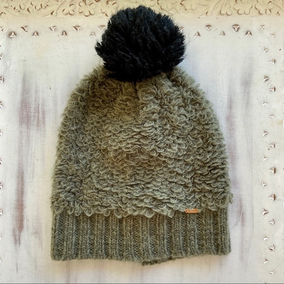 Free People | Wool Blend Pom Pom Beanie | Knit Green & Black Pom Pom Beanie